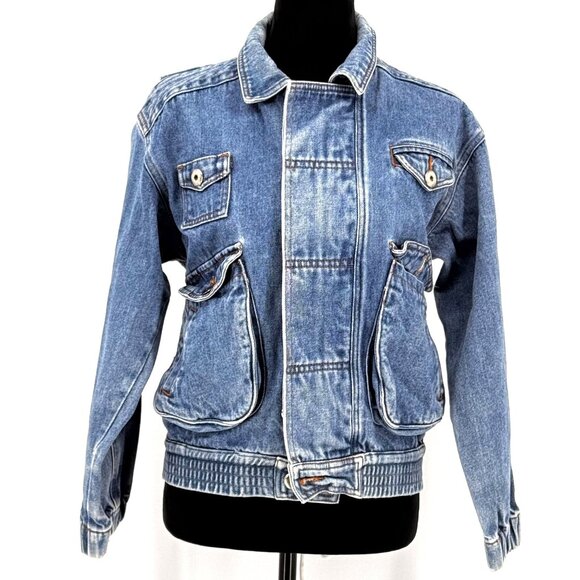 Vtg Mileage Denim Bomber Jacket Womens 12 Field Barn Military Chore Pockets 80s - Picture 1 of 7